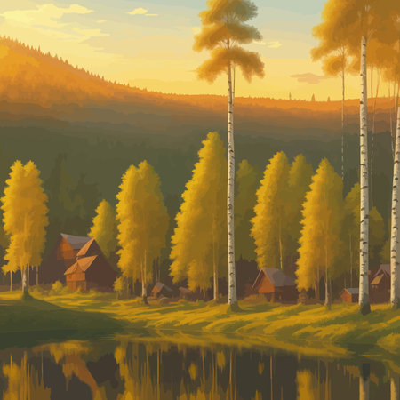 Vector illustration Autumn landscape golden alley park of birches near a pond , contemporary art impressionism abstractのイラスト素材