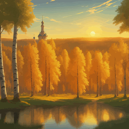 Vector illustration Autumn landscape golden alley park of birches near a pond , contemporary art impressionism abstractのイラスト素材