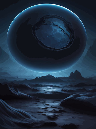 Futuristic fantasy landscape, sci fi landscape with planet, neon light, cold planet. Galaxy unknown planet Dark naturalのイラスト素材