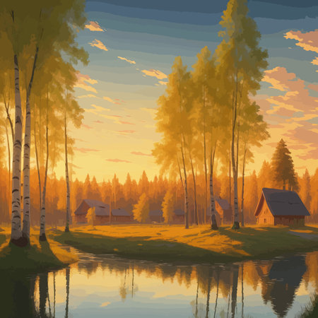 Vector illustration Autumn landscape golden alley park of birches near a pond , contemporary art impressionism abstractのイラスト素材