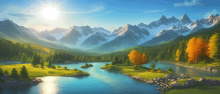 Picture of a mountain lake with a mountain range in the background and a lake in the foreground with a mountain range in the background. vector illustrationのイラスト素材