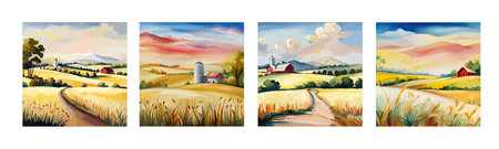 Farm on a hill with yellow or golden wheat field in a watercolor style, agriculture, cultivation, countryside, fieldのイラスト素材