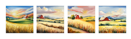 Farm on a hill with yellow or golden wheat field in a watercolor style, agriculture, cultivation, countryside, fieldのイラスト素材
