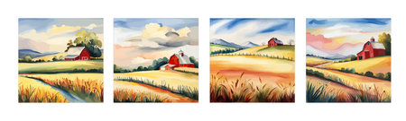 Farm on a hill with yellow or golden wheat field in a watercolor style, agriculture, cultivation, countryside, fieldのイラスト素材