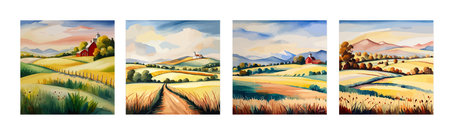 Farm on a hill with yellow or golden wheat field in a watercolor style, agriculture, cultivation, countryside, fieldのイラスト素材