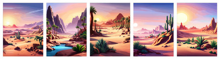 Desert background Summer with sun, sand, clouds, palms Trees Vector design style Nature Landscape.のイラスト素材