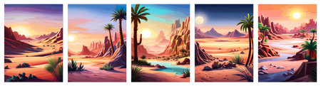 Desert background Summer with sun, sand, clouds, palms Trees Vector design style Nature Landscape.のイラスト素材
