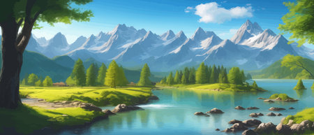 Picture of a mountain lake with a mountain range in the background and a lake in the foreground with a mountain range in the background. vector illustrationの素材 [FY310204048809]