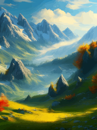 Colorful autumn landscape. Autumn season with red majestic mountains.のイラスト素材