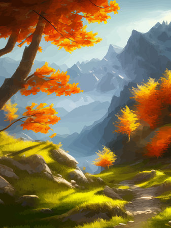Colorful autumn landscape. Autumn season with red majestic mountains.のイラスト素材