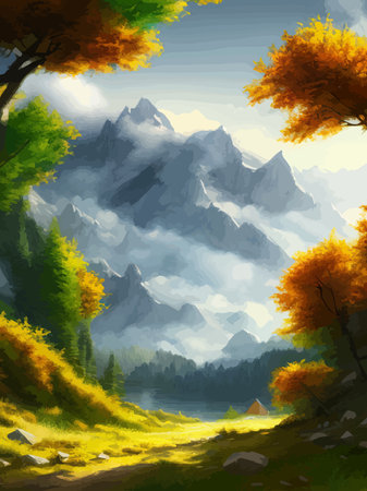 Colorful autumn landscape. Autumn season with red majestic mountains.のイラスト素材