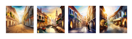 Old town street with water channel Stray vinice background, city landscape view, watercolor drawing, Vector illustration.のイラスト素材