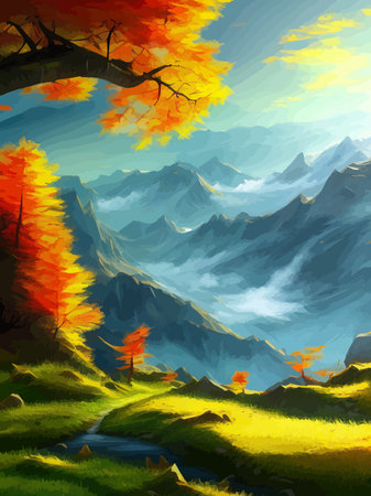 Colorful autumn landscape. Autumn season with red majestic mountains.のイラスト素材