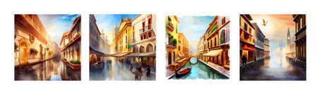 Old town street with water channel Stray vinice background, city landscape view, watercolor drawing, Vector illustration.のイラスト素材
