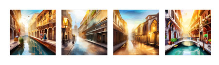 Old town street with water channel Stray vinice background, city landscape view, watercolor drawing, Vector illustration.のイラスト素材