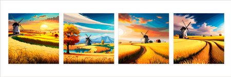 Rural summer landscape with windmill and wheat field. Vector illustration. Nature rural landscape with old dutchのイラスト素材