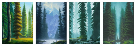 Landscape in scandinavian arctic forest, pine trees and snowy sunset, matte painting vector illustrationの写真素材