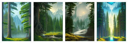 Landscape in scandinavian arctic forest, pine trees and snowy sunset, matte painting vector illustrationの写真素材