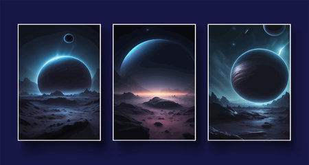 Futuristic fantasy landscape, sci fi landscape with planet, neon light, cold planet. Galaxy unknown planet Dark naturalの写真素材