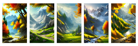 Colorful autumn landscape. Autumn season with red majestic mountains.の写真素材