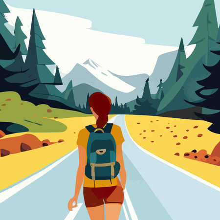 Adventure woman hiker enjoying hiking in mountains with nordic poles backpack flat vector illustration. Woman traveler travels with backpack.のイラスト素材