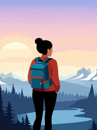 Illustration pour Beautiful design with a sense of travel. A young woman with a backpack inspects the surroundings. Vector vertical - image libre de droit