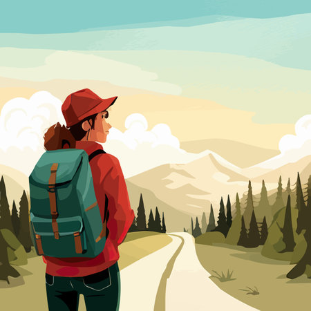 Adventure woman hiker enjoying hiking in mountains with nordic poles backpack flat vector illustration. Woman traveler travels with backpack.のイラスト素材