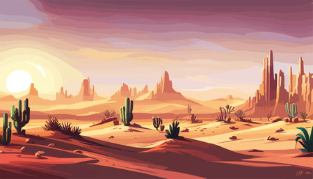 Desert background Summer with sun, sand, clouds, palms Trees Vector design style Nature Landscape.のイラスト素材