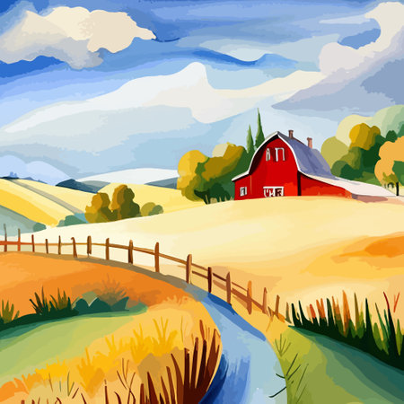 Farm on a hill with yellow or golden wheat field in a watercolor style, agriculture, cultivation, countryside, fieldのイラスト素材