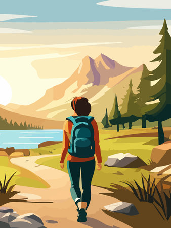 Beautiful design with a sense of travel. A young woman with a backpack inspects the surroundings. Vector verticalのイラスト素材