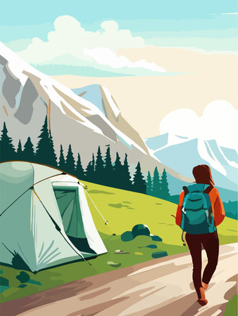Beautiful design with a sense of travel. A young woman with a backpack inspects the surroundings. Vector verticalのイラスト素材