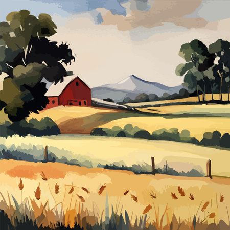 Farm on a hill with yellow or golden wheat field in a watercolor style, agriculture, cultivation, countryside, fieldのイラスト素材