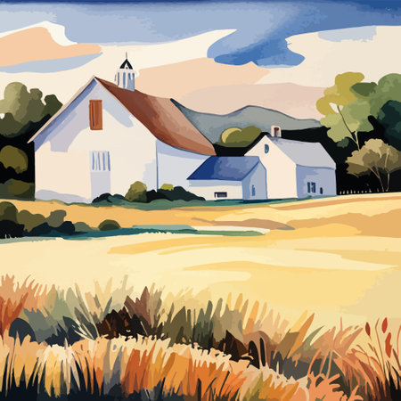 Farm on a hill with yellow or golden wheat field in a watercolor style, agriculture, cultivation, countryside, fieldのイラスト素材