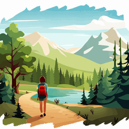 Adventure woman hiker enjoying hiking in mountains with nordic poles backpack flat vector illustration. Woman traveler travels with backpack.のイラスト素材