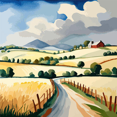 Farm on a hill with yellow or golden wheat field in a watercolor style, agriculture, cultivation, countryside, fieldのイラスト素材