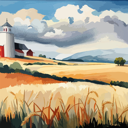 Farm on a hill with yellow or golden wheat field in a watercolor style, agriculture, cultivation, countryside, fieldのイラスト素材