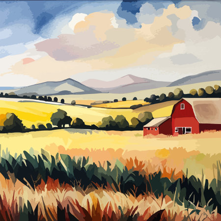 Farm on a hill with yellow or golden wheat field in a watercolor style, agriculture, cultivation, countryside, fieldのイラスト素材