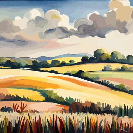 Farm on a hill with yellow or golden wheat field in a watercolor style, agriculture, cultivation, countryside, fieldのイラスト素材
