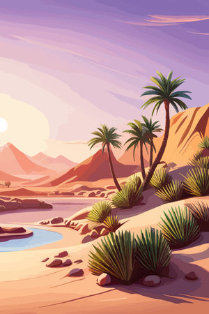 Desert background Summer with sun, sand, clouds, palms Trees Vector design style Nature Landscape.のイラスト素材