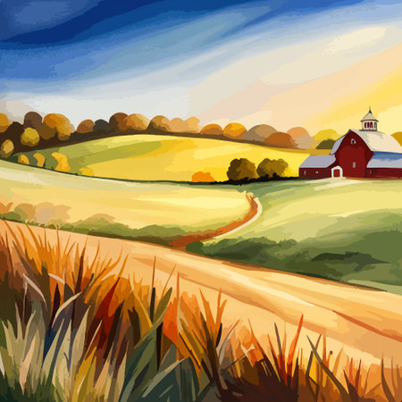 Farm on a hill with yellow or golden wheat field in a watercolor style, agriculture, cultivation, countryside, fieldのイラスト素材