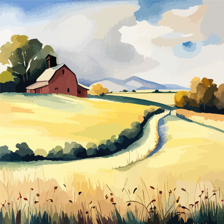 Farm on a hill with yellow or golden wheat field in a watercolor style, agriculture, cultivation, countryside, fieldのイラスト素材