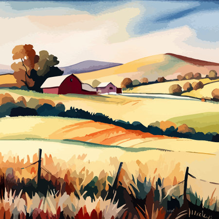 Farm on a hill with yellow or golden wheat field in a watercolor style, agriculture, cultivation, countryside, fieldのイラスト素材