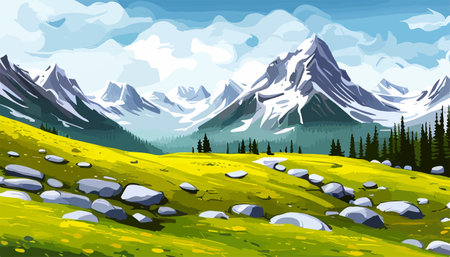 Beautiful fantasy landscape field full of spring, with color, background vector illustration. flowers against backdropのイラスト素材