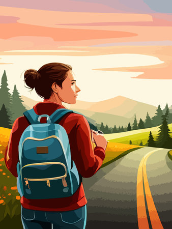 Beautiful design with a sense of travel. A young woman with a backpack inspects the surroundings. Vector verticalのイラスト素材