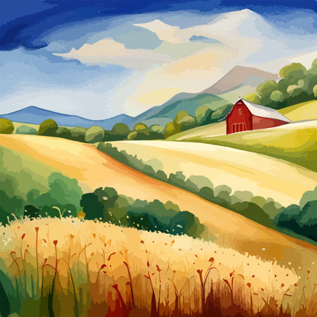 Farm on a hill with yellow or golden wheat field in a watercolor style, agriculture, cultivation, countryside, fieldのイラスト素材