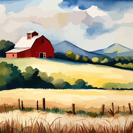 Farm on a hill with yellow or golden wheat field in a watercolor style, agriculture, cultivation, countryside, fieldのイラスト素材