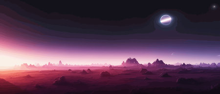Space digital artwork. Surreal fantasy space. Nebula with planets stars. Science fiction elements. Glowing technologies. Dark colorful universe. Asteroids concept with moons stones vector illustrationのイラスト素材