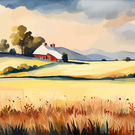 Farm on a hill with yellow or golden wheat field in a watercolor style, agriculture, cultivation, countryside, fieldのイラスト素材