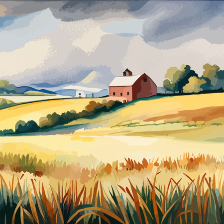 Farm on a hill with yellow or golden wheat field in a watercolor style, agriculture, cultivation, countryside, fieldのイラスト素材