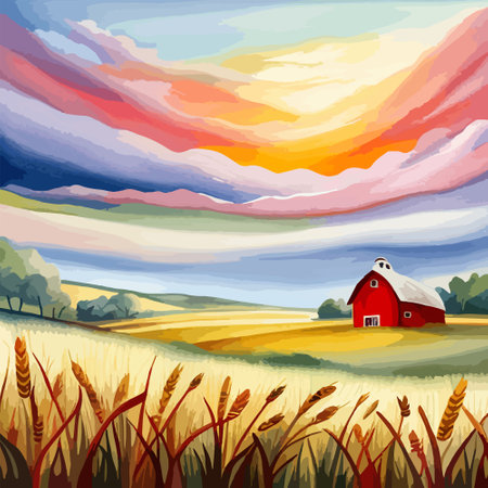Farm on a hill with yellow or golden wheat field in a watercolor style, agriculture, cultivation, countryside, fieldのイラスト素材